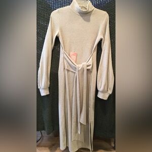 NWT Ivy City Women’s Jensen Sweater Dress, High Neck, Oatmeal, Tie Front; Size S